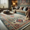 a living room with a Hand Tufted rugs, couch and rug