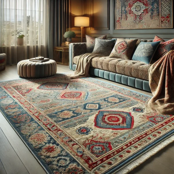 a living room with a Hand Tufted rugs, couch and rug